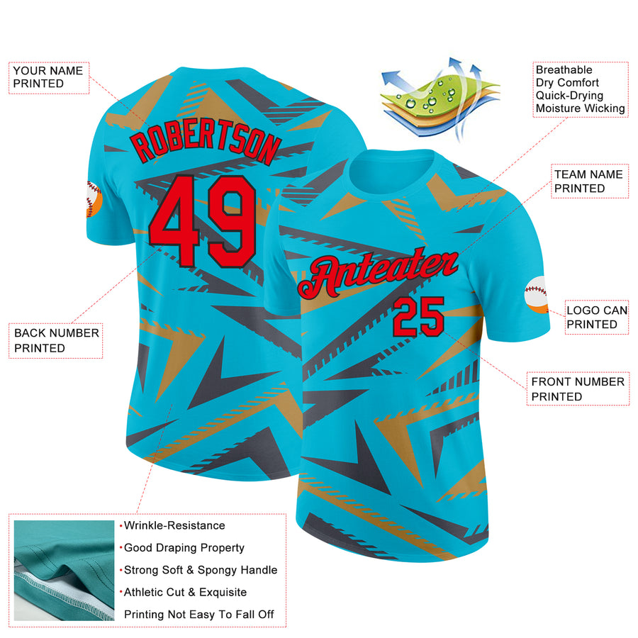 Custom Lakes Blue Fire Red Steel Gray Old Gold-Black 3D Esports Performance T-Shirt