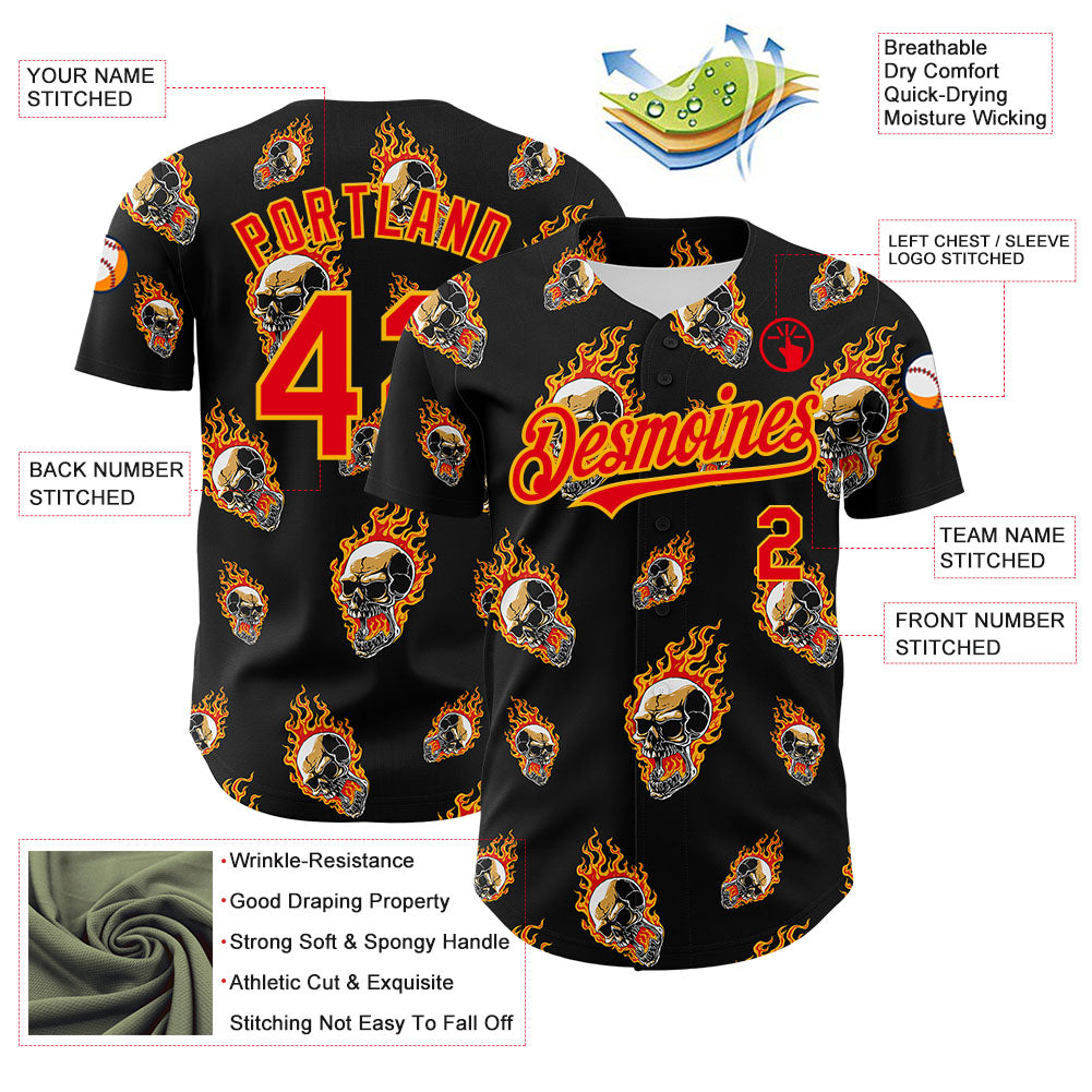 Custom Black Fire Red-Gold 3D Flame? Skull Authentic Baseball Jersey