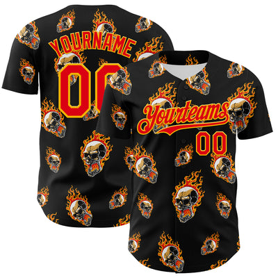 Custom Black Fire Red-Gold 3D Flame? Skull Authentic Baseball Jersey