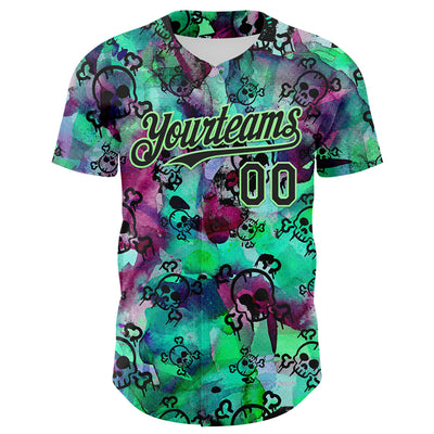 Custom Pea Green Black 3D Graffiti Skull Authentic Baseball Jersey