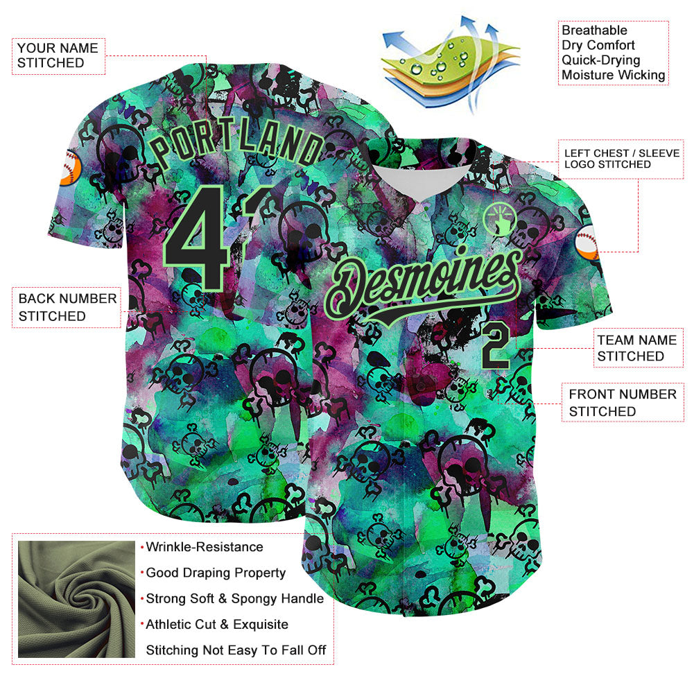 Custom Pea Green Black 3D Graffiti Skull Authentic Baseball Jersey