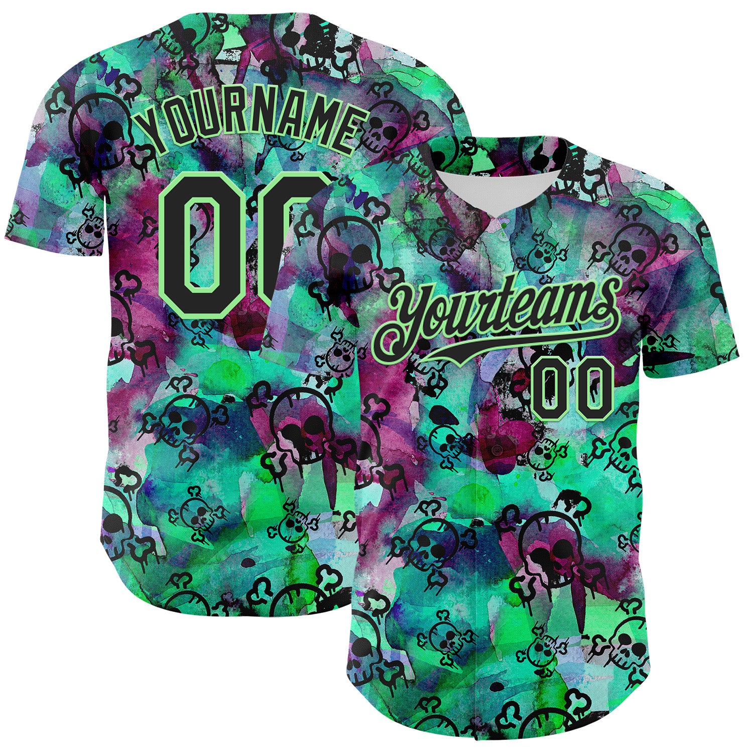 Custom Pea Green Black 3D Graffiti Skull Authentic Baseball Jersey