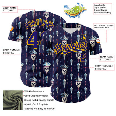 Custom Blue Dark Purple-Gold 3D Apache Skull Authentic Baseball Jersey