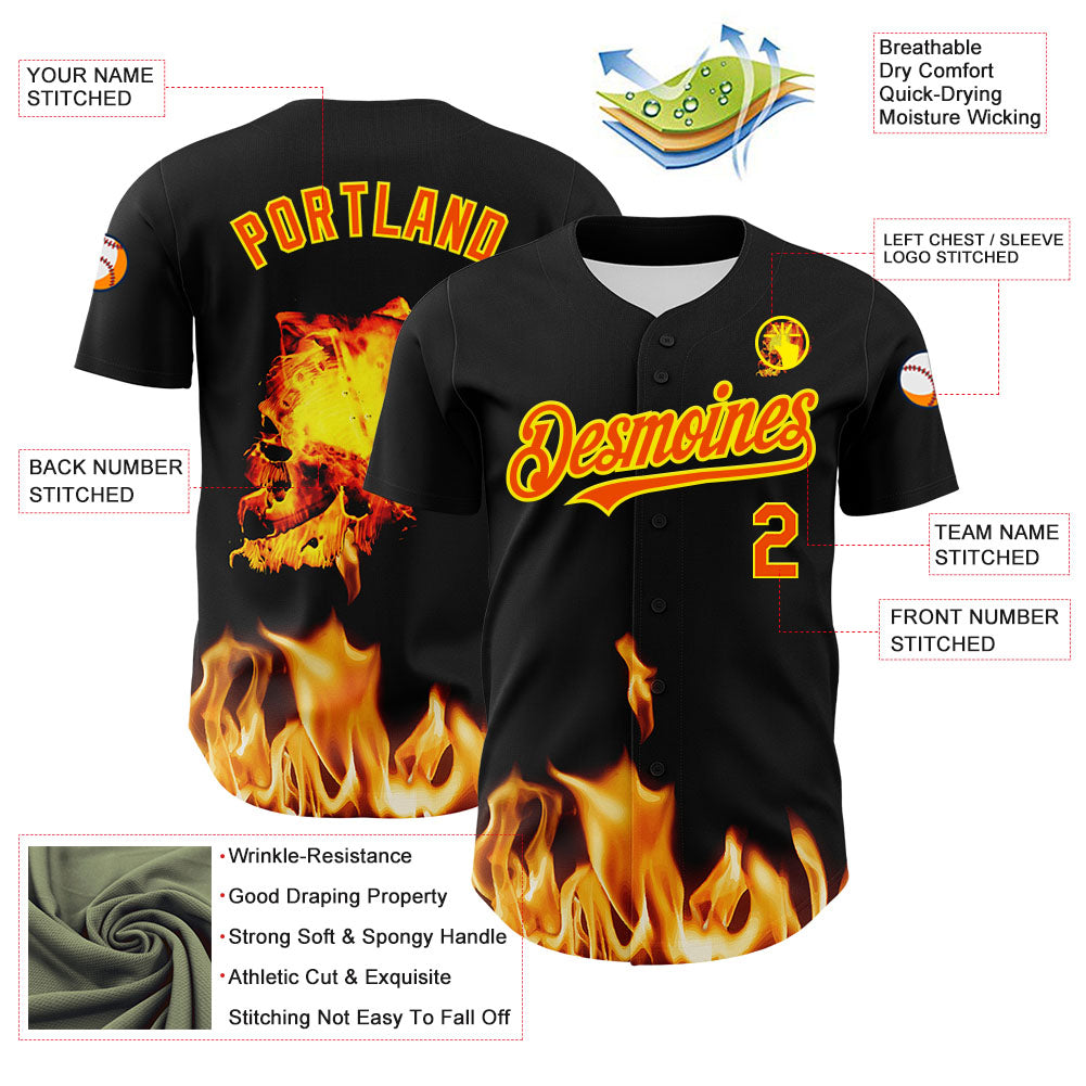 Custom Black Orange-Light Yellow 3D Flame? Skull Authentic Baseball Jersey