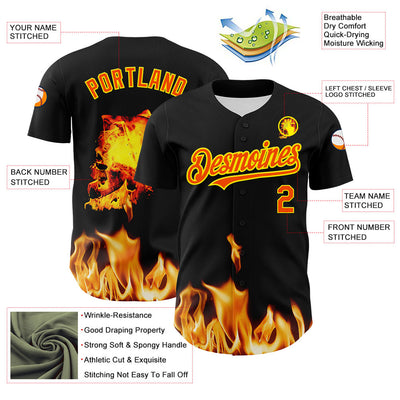 Custom Black Orange-Light Yellow 3D Flame? Skull Authentic Baseball Jersey
