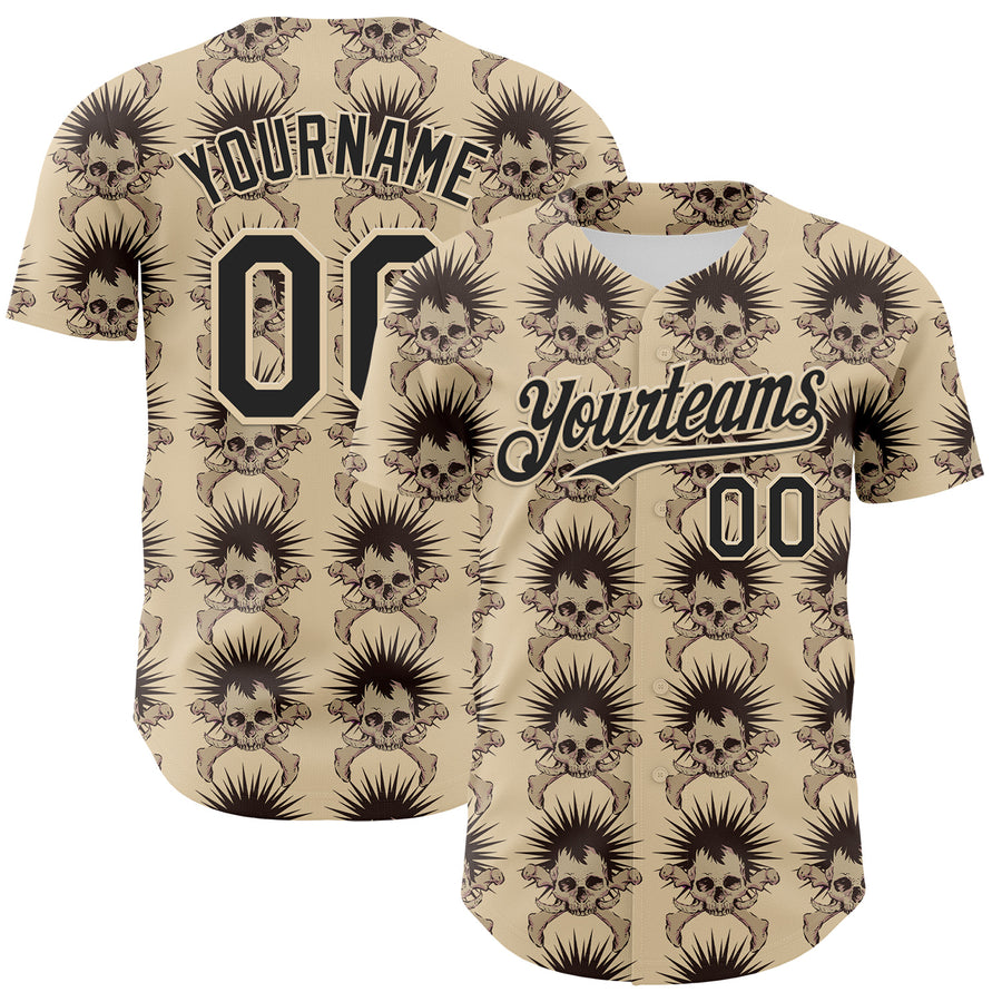 Custom City Cream Black 3D Skull Authentic Baseball Jersey