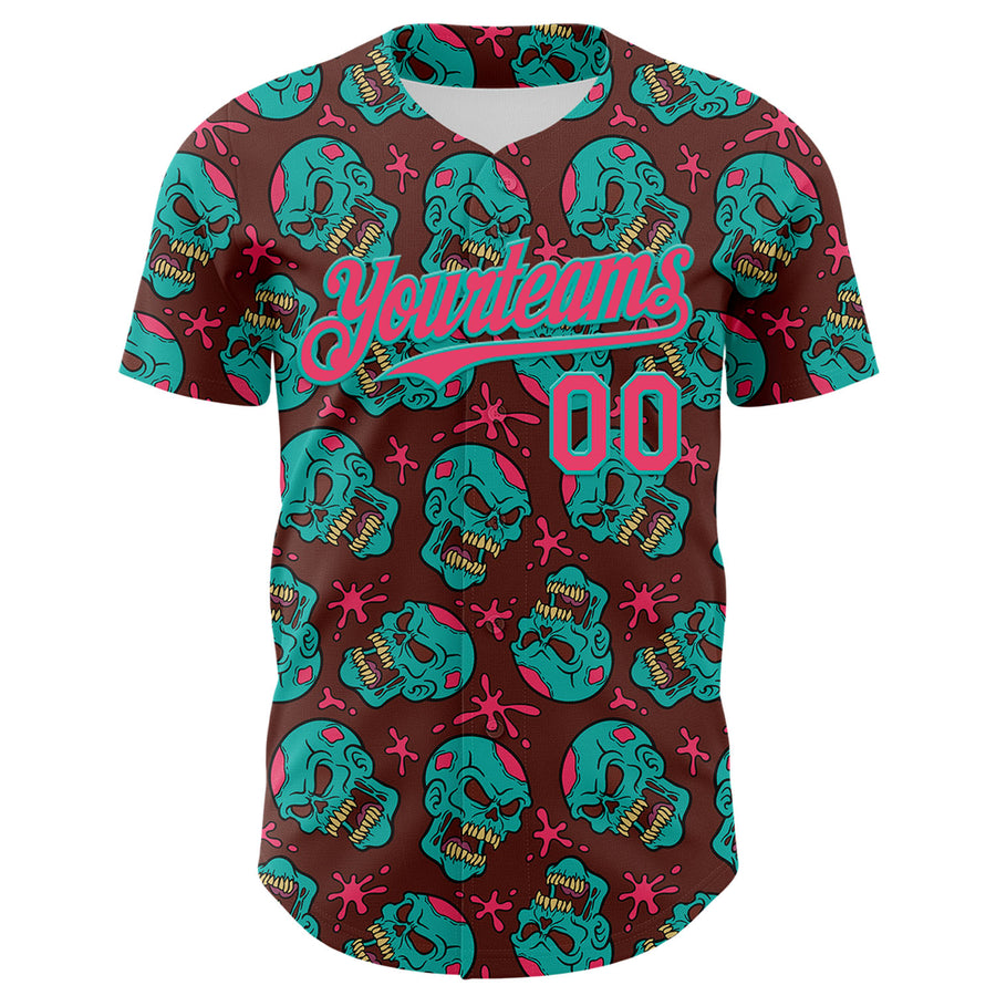 Custom Brown Neon Pink-Aqua 3D Zombie Skull Authentic Baseball Jersey