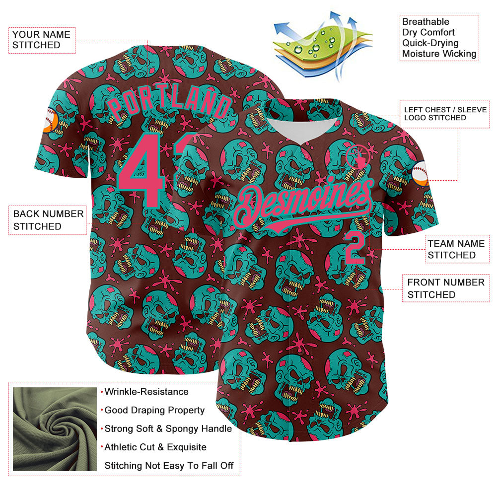 Custom Brown Neon Pink-Aqua 3D Zombie Skull Authentic Baseball Jersey