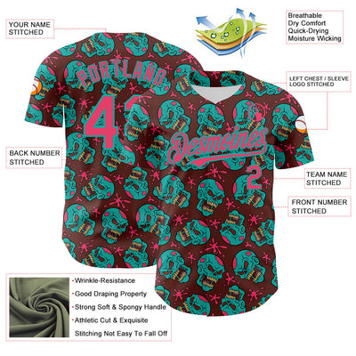 Custom Brown Neon Pink-Aqua 3D Zombie Skull Authentic Baseball Jersey