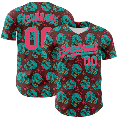 Custom Brown Neon Pink-Aqua 3D Zombie Skull Authentic Baseball Jersey