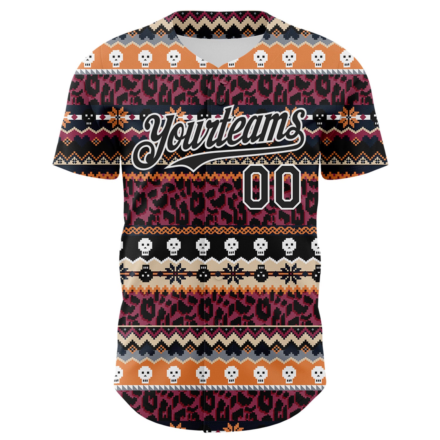 Custom Black White 3D Skull And Leopard Print Authentic Baseball Jersey