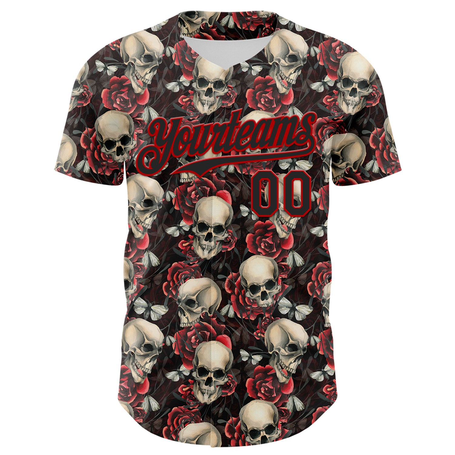 Custom Black Red 3D Skeleton And Flower Authentic Baseball Jersey