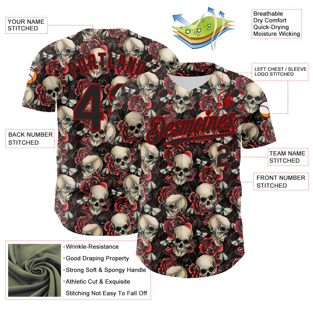 Custom Black Red 3D Skeleton And Flower Authentic Baseball Jersey