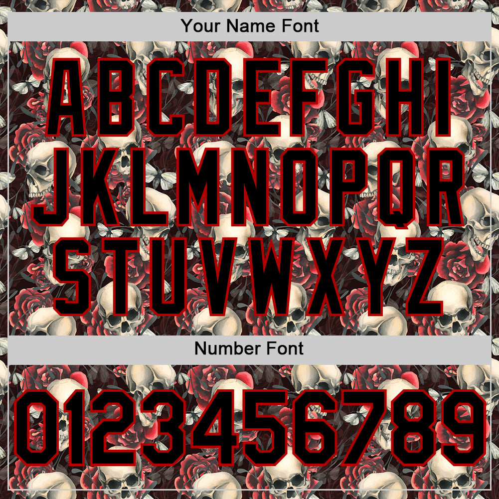 Custom Black Red 3D Skeleton And Flower Authentic Baseball Jersey