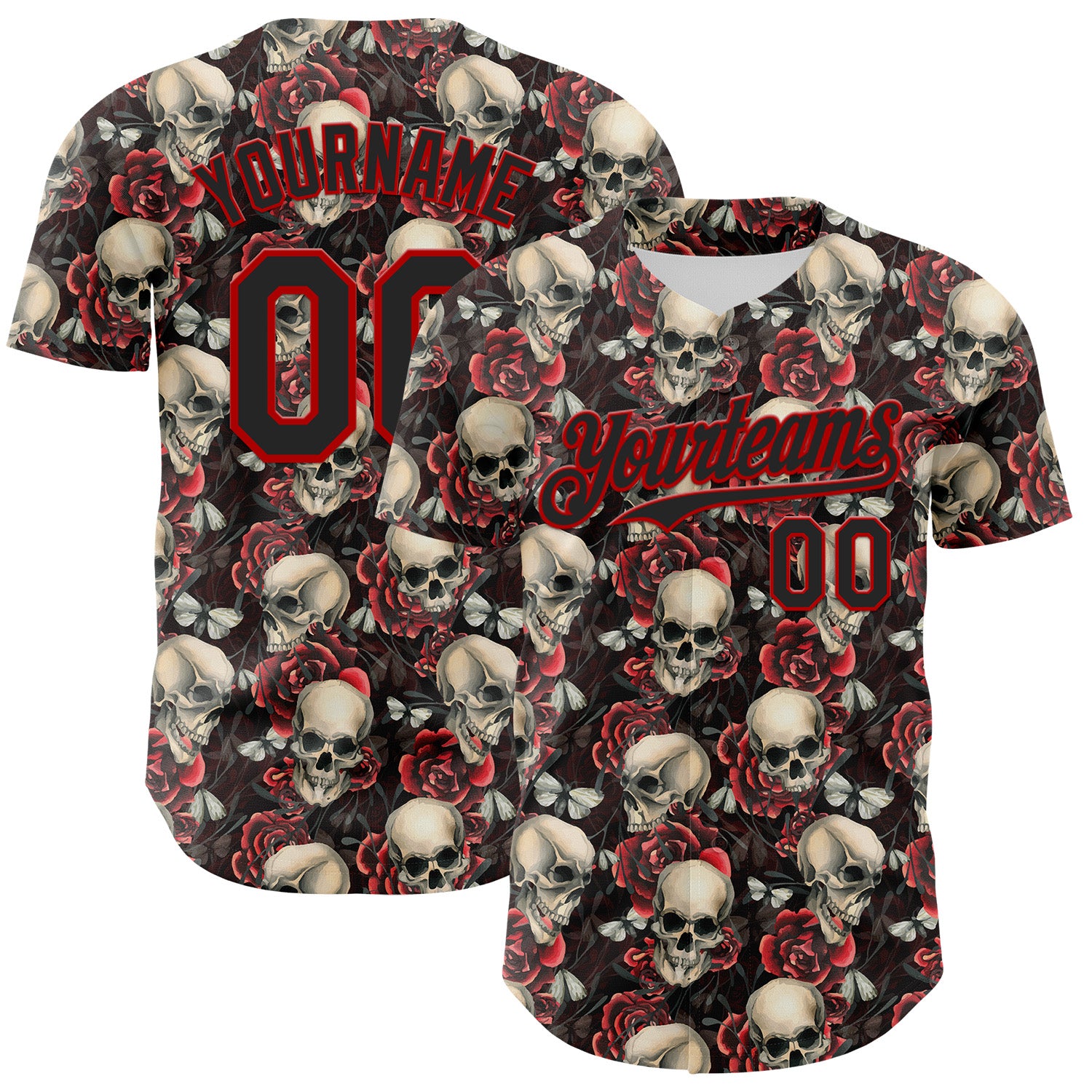 Custom Black Red 3D Skeleton And Flower Authentic Baseball Jersey