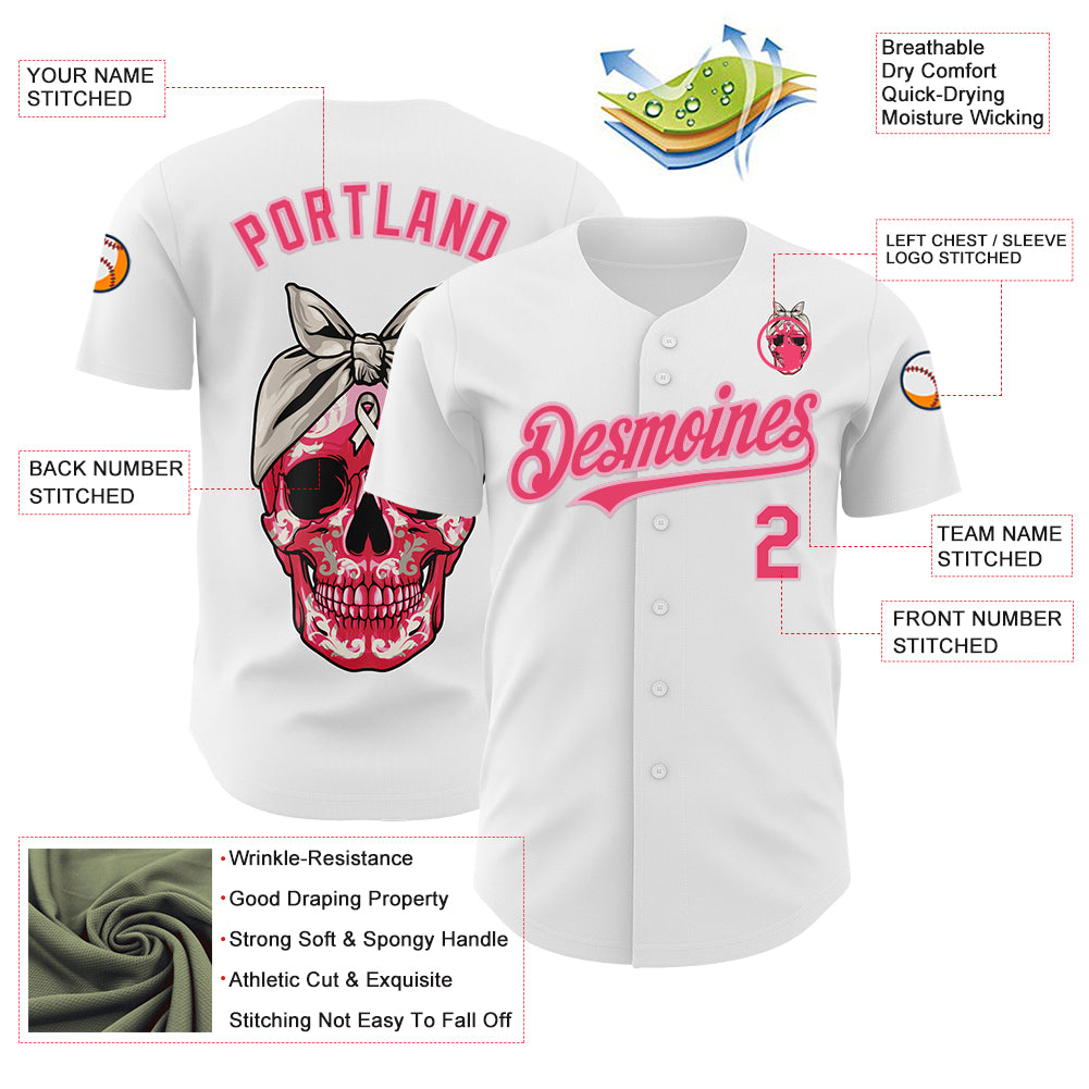 Custom White Neon Pink-Light Pink 3D Pink Ribbon Skull Authentic Baseball Jersey
