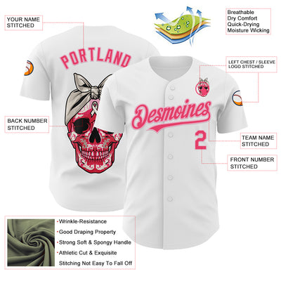 Custom White Neon Pink-Light Pink 3D Pink Ribbon Skull Authentic Baseball Jersey