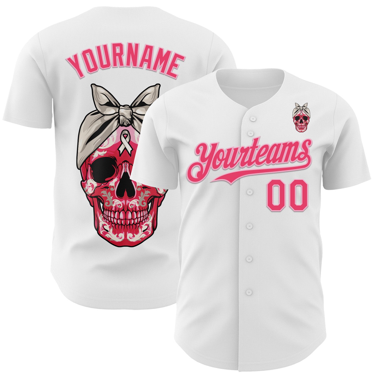 Custom White Neon Pink-Light Pink 3D Pink Ribbon Skull Authentic Baseball Jersey