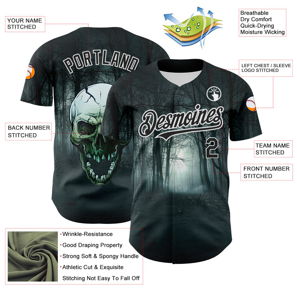 Custom Black White 3D Spooky Skull Authentic Baseball Jersey