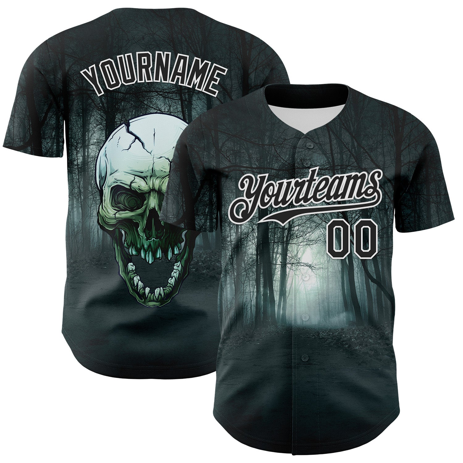 Custom Black White 3D Spooky Skull Authentic Baseball Jersey