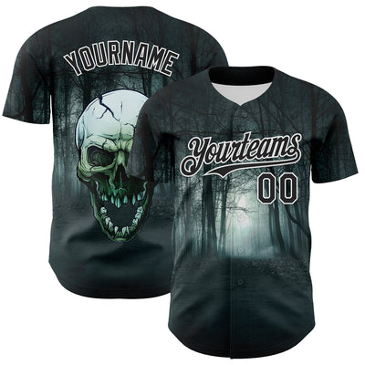 Custom Black White 3D Spooky Skull Authentic Baseball Jersey
