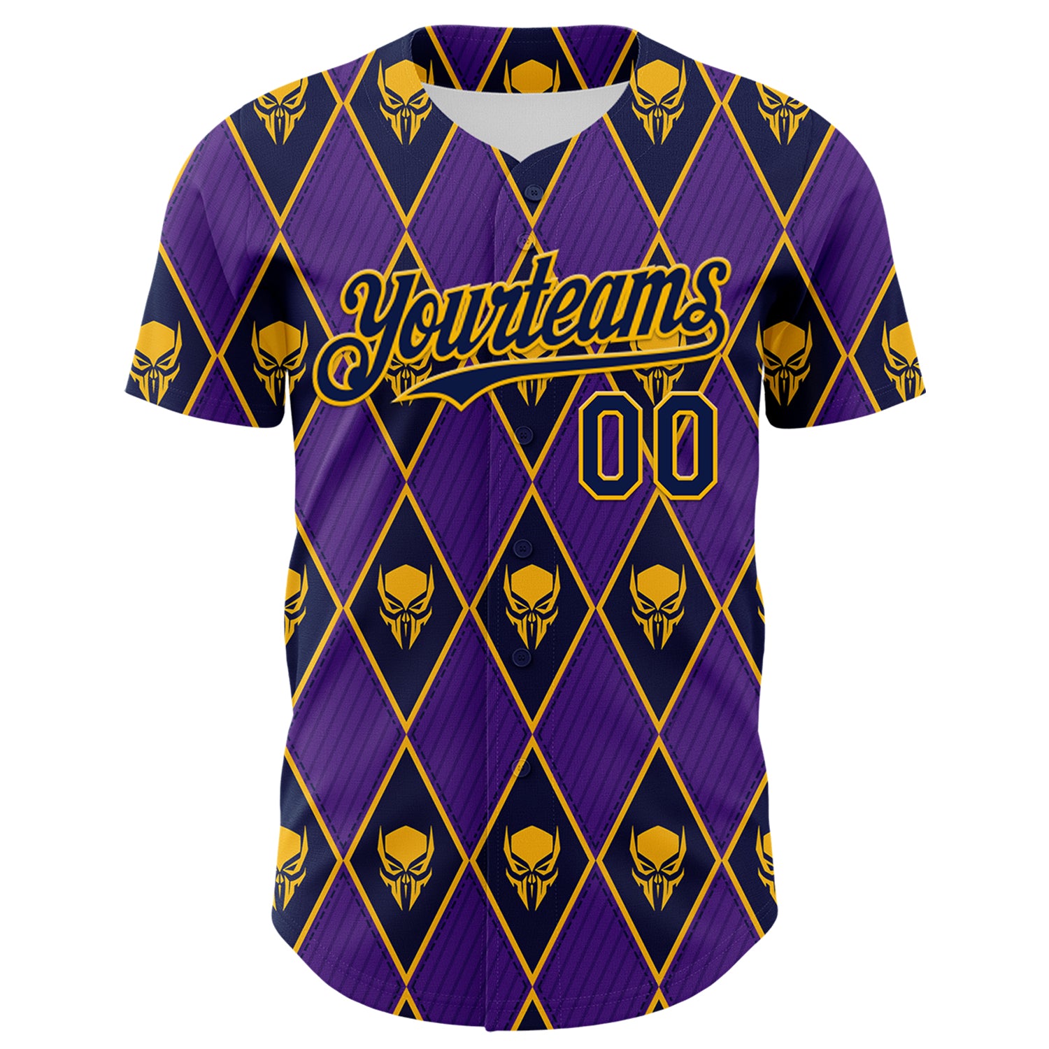 Custom Purple Navy-Gold 3D Skull Authentic Baseball Jersey