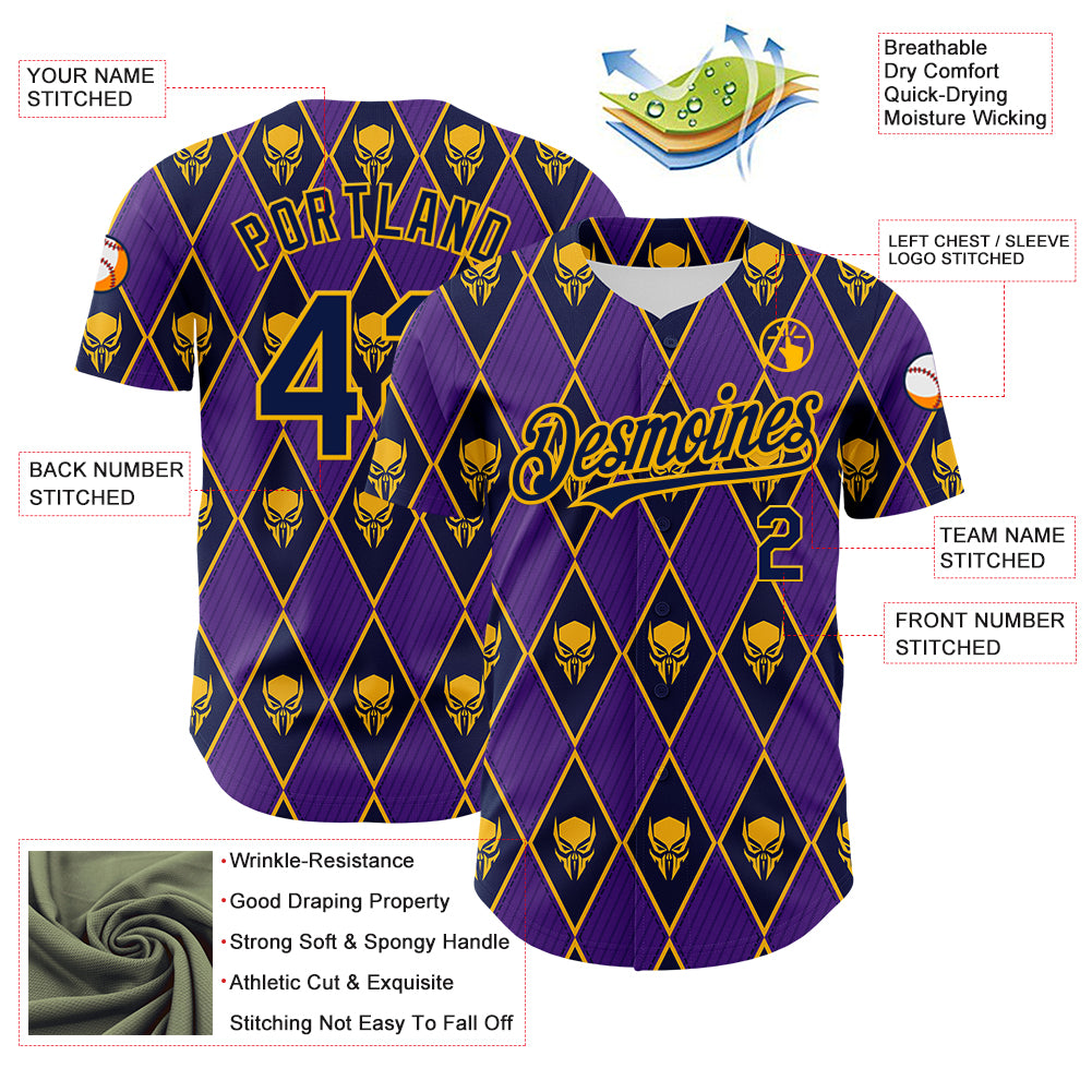 Custom Purple Navy-Gold 3D Skull Authentic Baseball Jersey