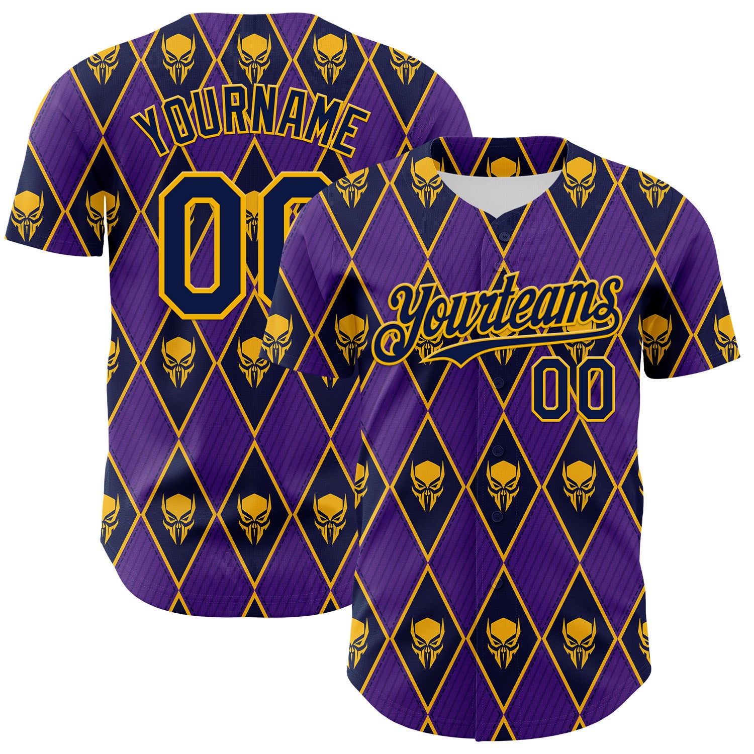 Custom Purple Navy-Gold 3D Skull Authentic Baseball Jersey