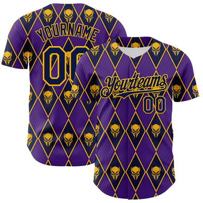 Custom Purple Navy-Gold 3D Skull Authentic Baseball Jersey