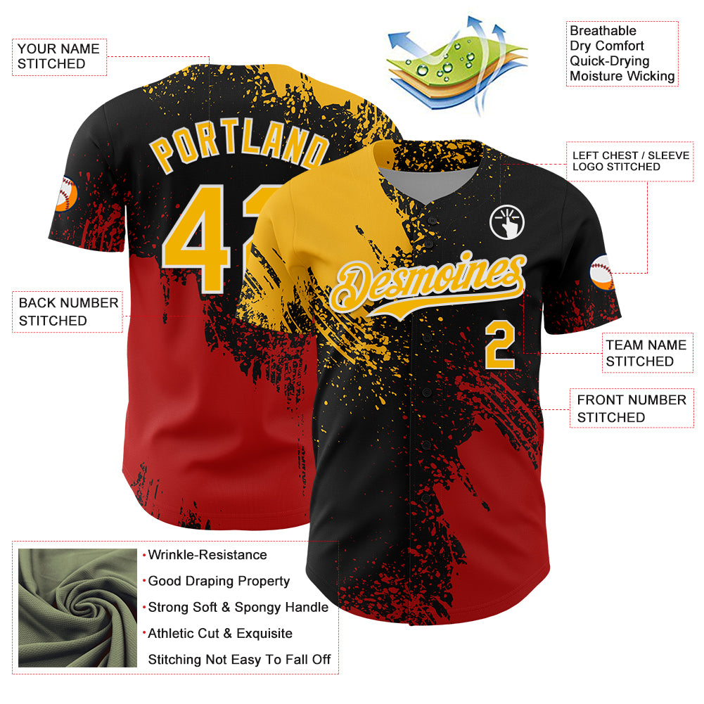 Custom Gold Black-Red 3D Pattern Design Abstract Brush Stroke Authentic Baseball Jersey