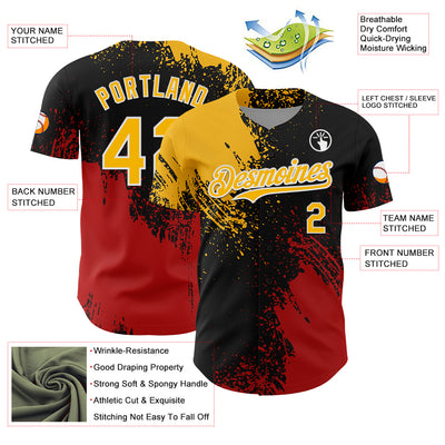 Custom Gold Black-Red 3D Pattern Design Abstract Brush Stroke Authentic Baseball Jersey