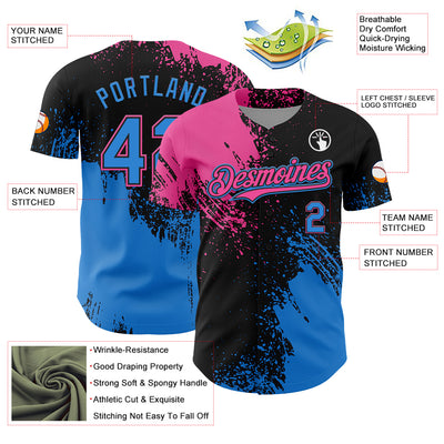 Custom Pink Electric Blue-Black 3D Pattern Design Abstract Brush Stroke Authentic Baseball Jersey