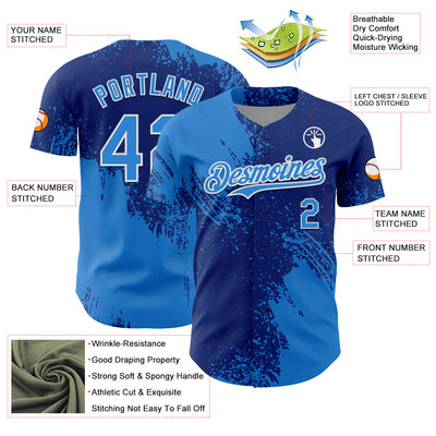 Custom Electric Blue Royal-White 3D Pattern Design Abstract Brush Stroke Authentic Baseball Jersey