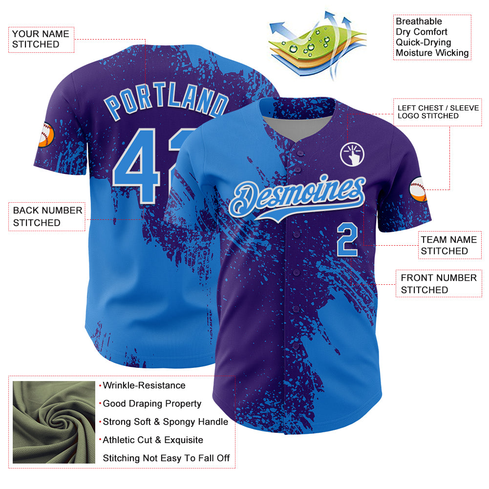 Custom Electric Blue Purple-White 3D Pattern Design Abstract Brush Stroke Authentic Baseball Jersey