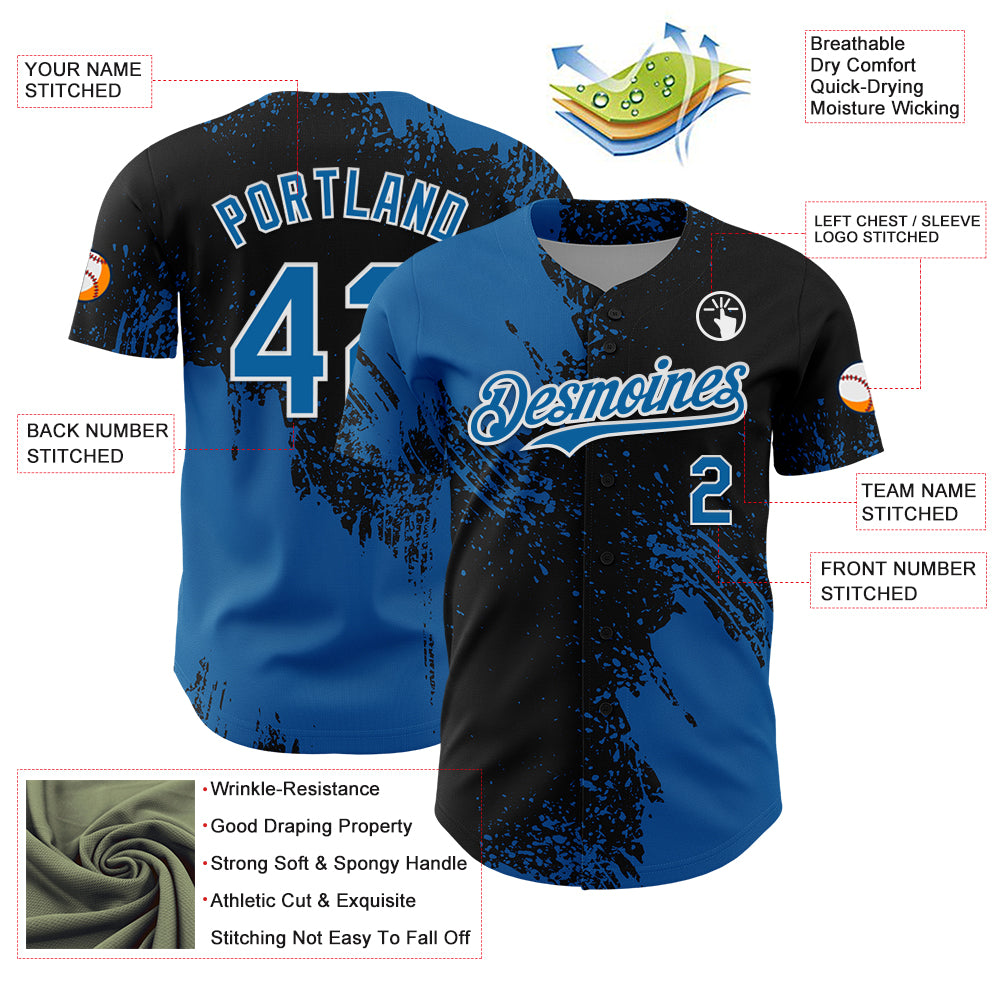Custom Blue Black-White 3D Pattern Design Abstract Brush Stroke Authentic Baseball Jersey