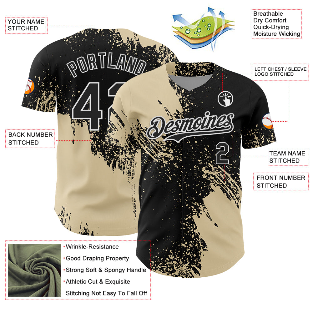Custom Cream Black-White 3D Pattern Design Abstract Brush Stroke Authentic Baseball Jersey