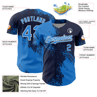 Custom Electric Blue Navy-White 3D Pattern Design Abstract Brush Stroke Authentic Baseball Jersey