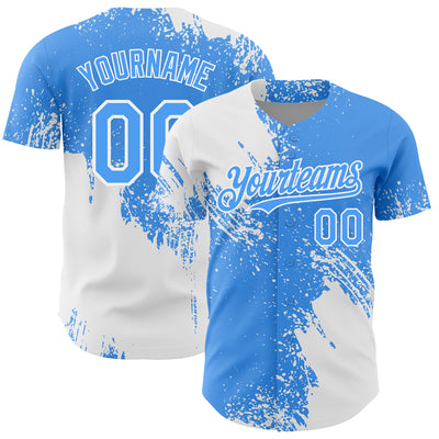 Custom White Electric Blue 3D Pattern Design Abstract Brush Stroke Authentic Baseball Jersey