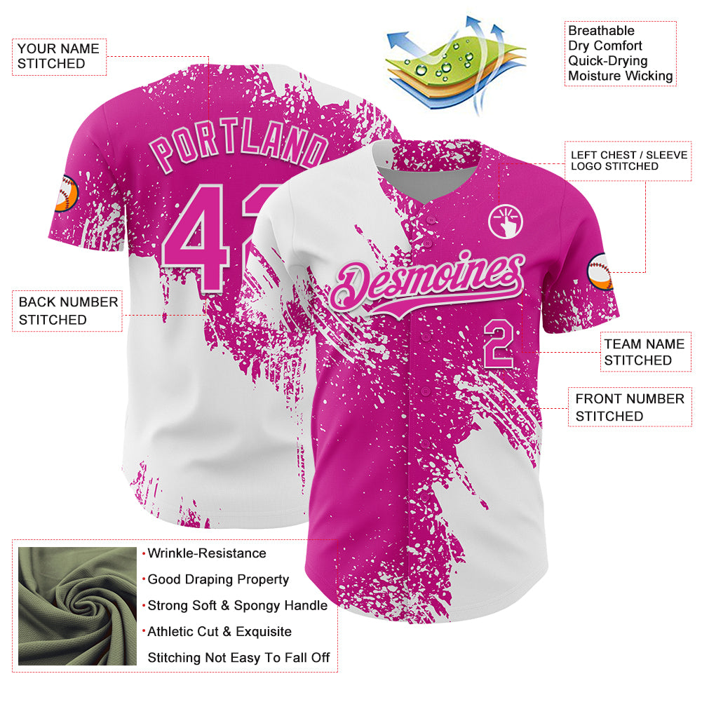 Custom White Deep Pink 3D Pattern Design Abstract Brush Stroke Authentic Baseball Jersey
