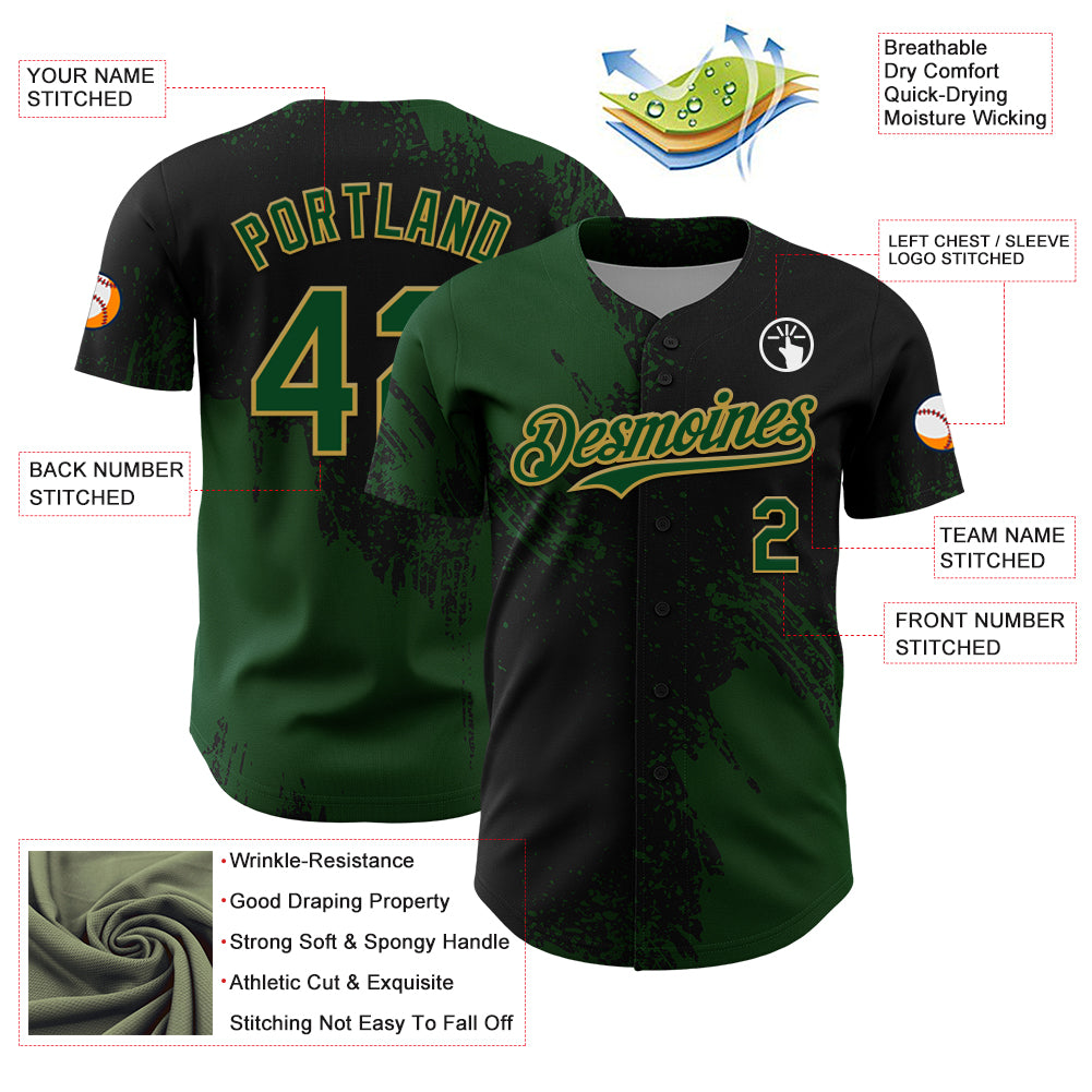 Custom Green Black-Old Gold 3D Pattern Design Abstract Brush Stroke Authentic Baseball Jersey