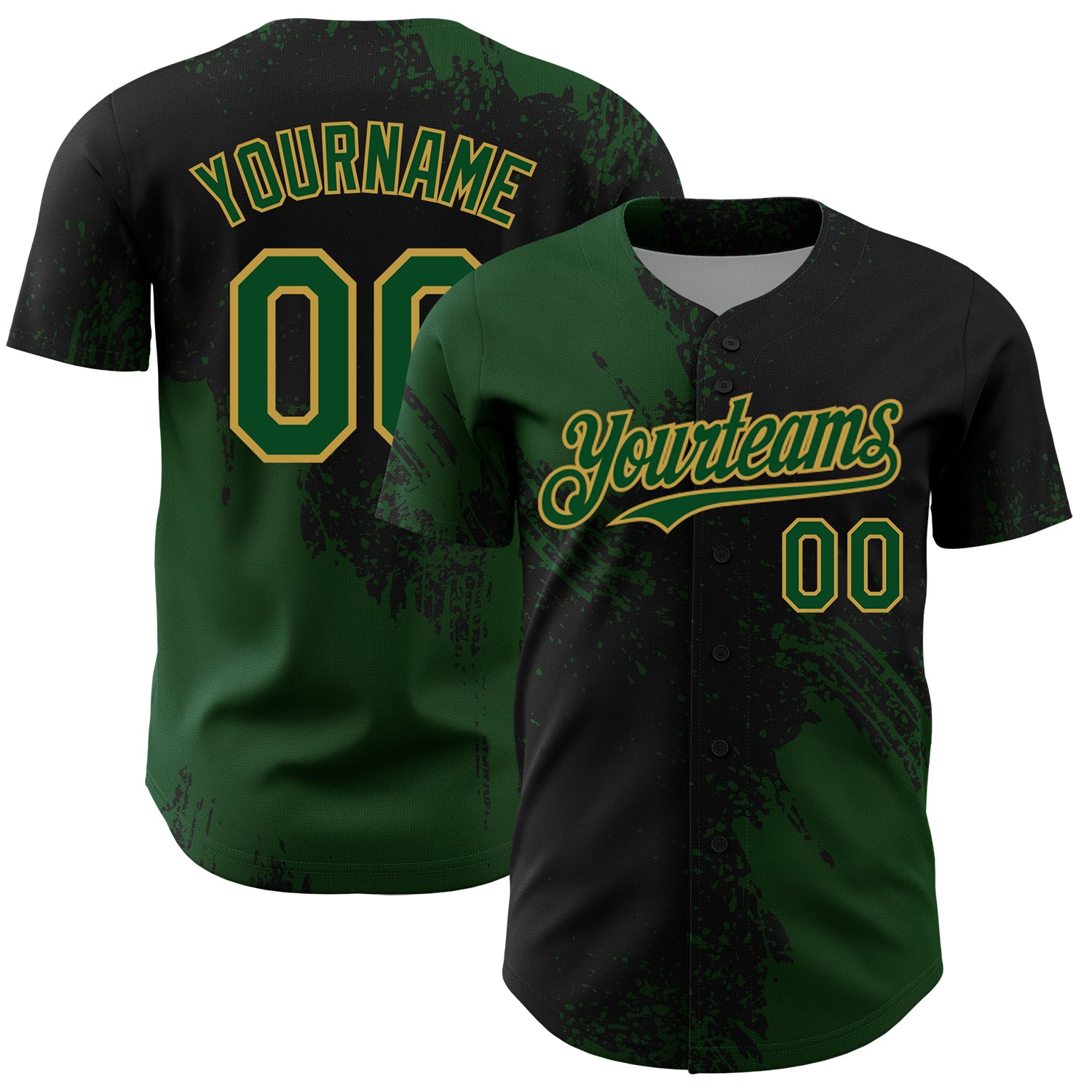 Custom Green Black-Old Gold 3D Pattern Design Abstract Brush Stroke Authentic Baseball Jersey