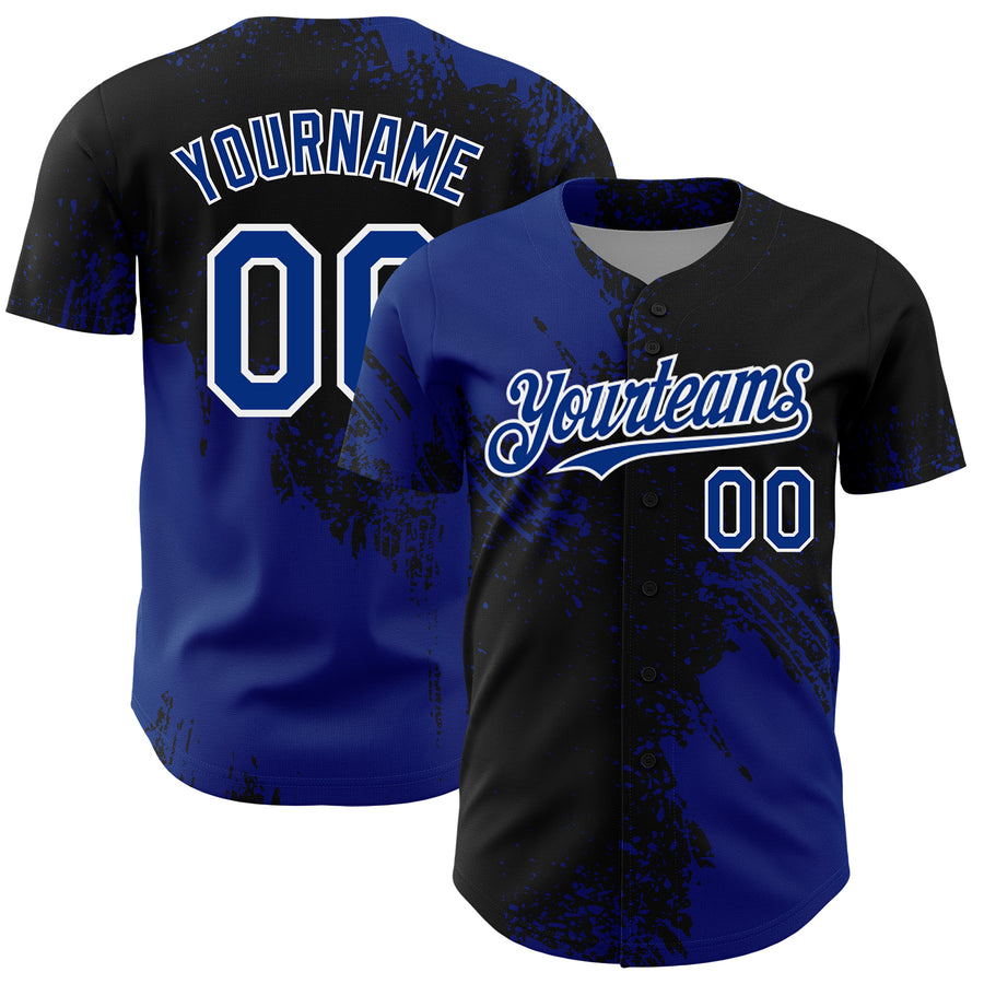 Custom Royal Black-White 3D Pattern Design Abstract Brush Stroke Authentic Baseball Jersey