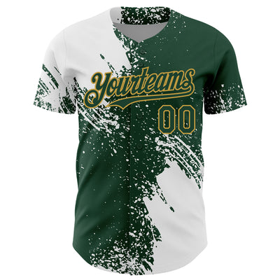 Custom White Green-Old Gold 3D Pattern Design Abstract Brush Stroke Authentic Baseball Jersey