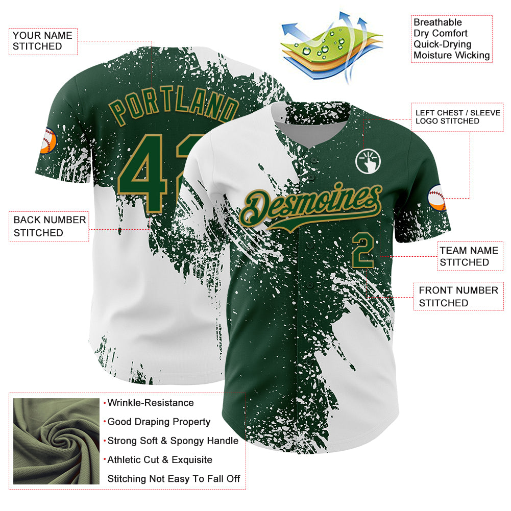 Custom White Green-Old Gold 3D Pattern Design Abstract Brush Stroke Authentic Baseball Jersey