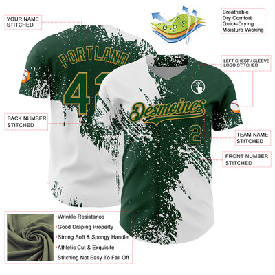 Custom White Green-Old Gold 3D Pattern Design Abstract Brush Stroke Authentic Baseball Jersey