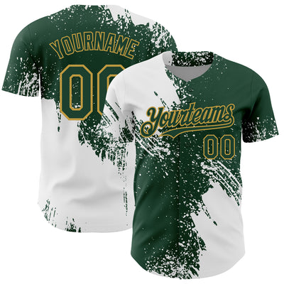 Custom White Green-Old Gold 3D Pattern Design Abstract Brush Stroke Authentic Baseball Jersey