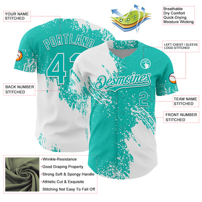 Custom White Aqua 3D Pattern Design Abstract Brush Stroke Authentic Baseball Jersey