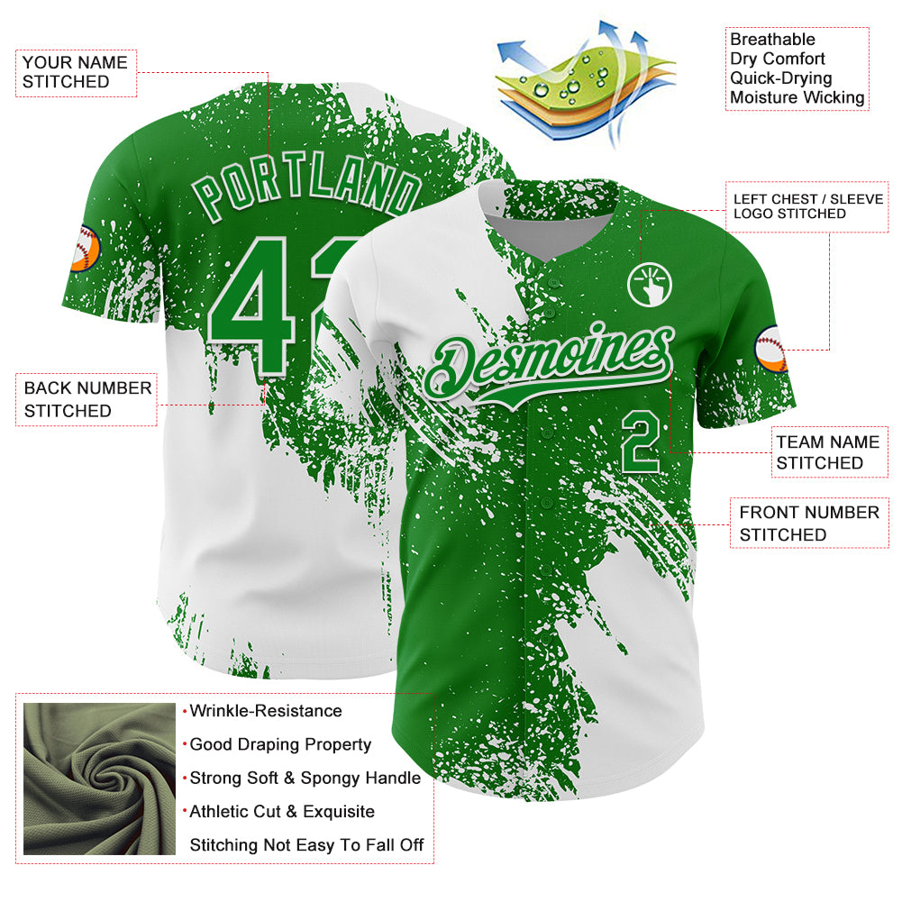 Custom White Grass Green 3D Pattern Design Abstract Brush Stroke Authentic Baseball Jersey