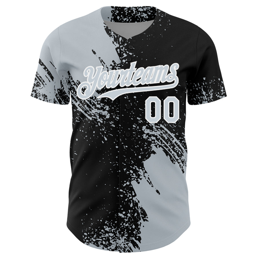 Custom Silver Black-White 3D Pattern Design Abstract Brush Stroke Authentic Baseball Jersey