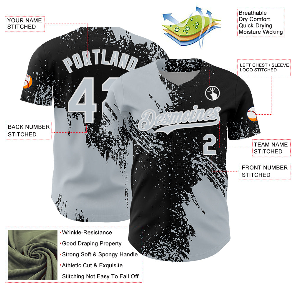 Custom Silver Black-White 3D Pattern Design Abstract Brush Stroke Authentic Baseball Jersey
